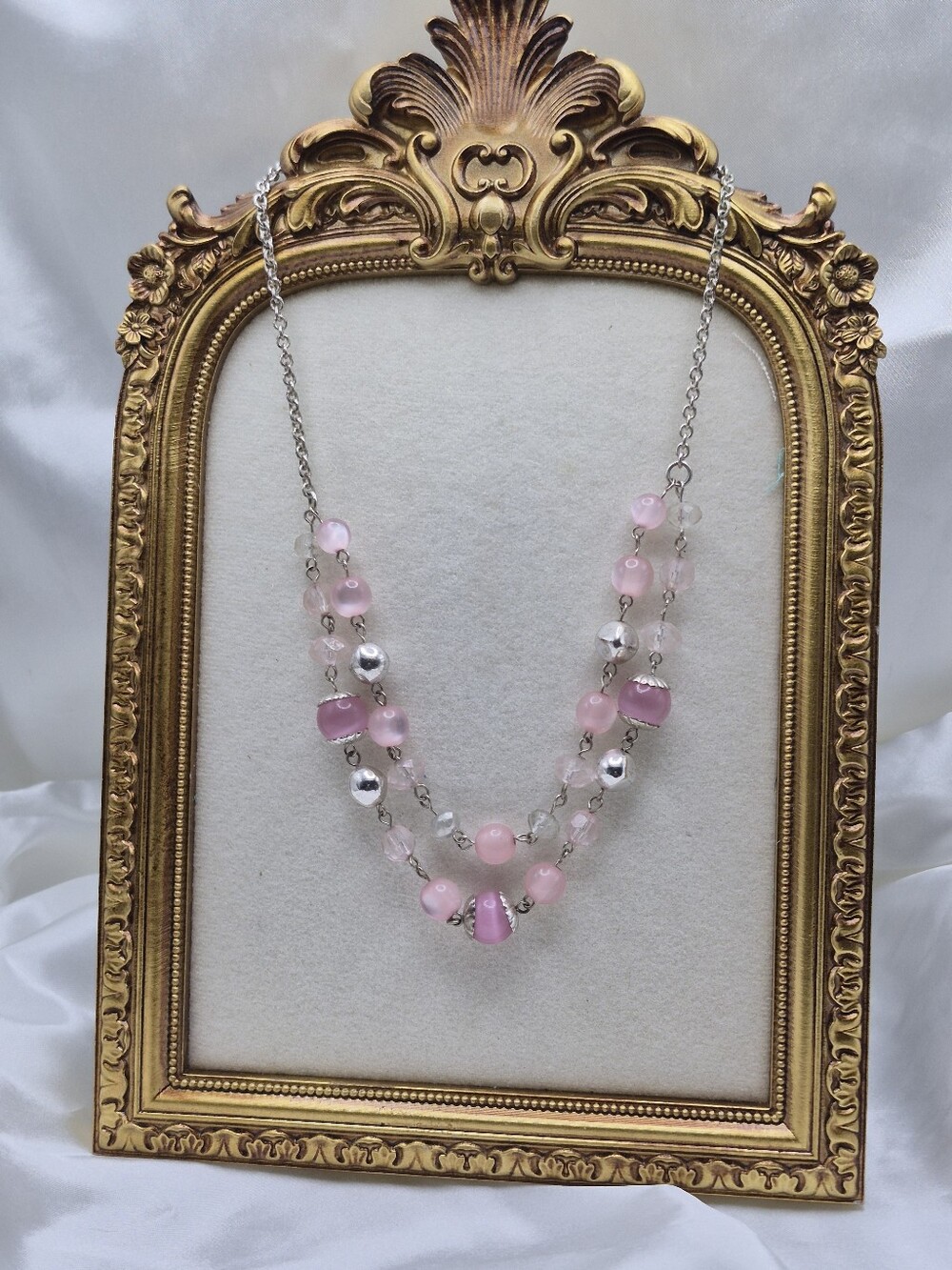 Delicate Pink Bead Capped Moonglow Cats eyeDouble-Strand Necklace Est 18"